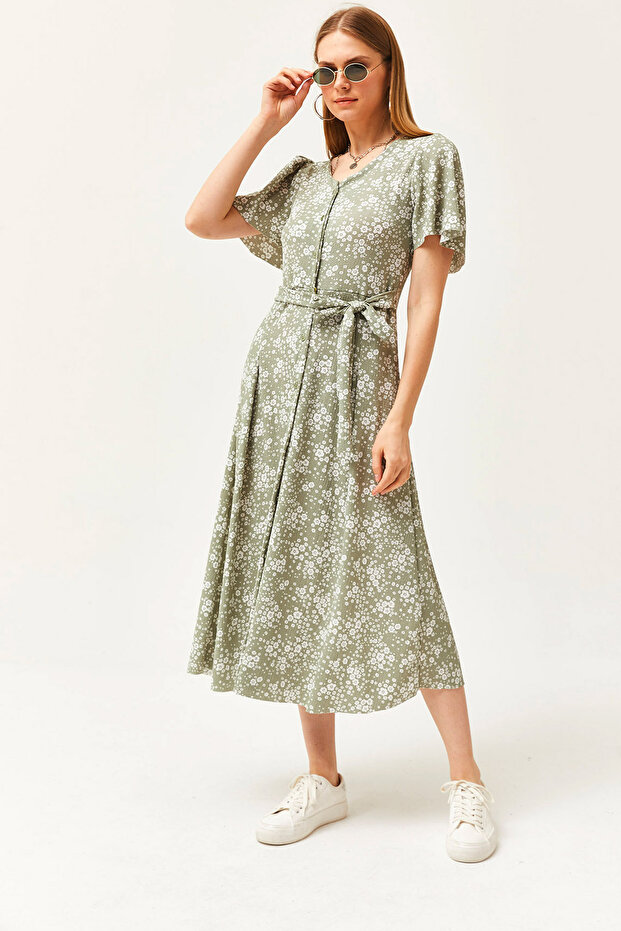 Women's Daisy Green V-Neck Belted Buttoned Knitted Dress ELB-19002048