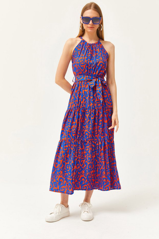 Women's Ethnic Cobalt Blue Orange Halter Collar Belted Woven Viscose Dress ELB-19001548