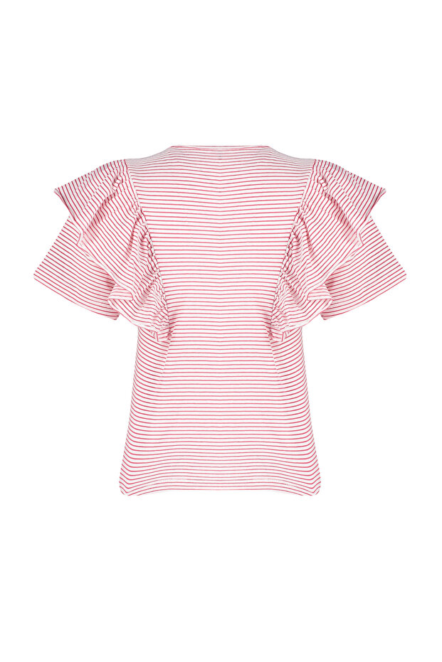 Fuşya Ekru Çizgili Kalın Pamuklu Fırfır Detaylı Regular/Normal Kalıp Örme T-Shirt TWOSS24TS00061 - 8