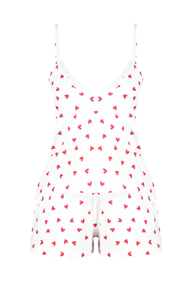 Beyaz %100 Pamuklu Kalpli Dantelli İp Askılı Şortlu Örme Pijama Takımı THMSS24PT00106 - 7