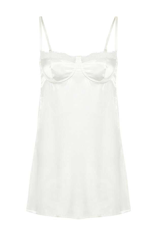 Bride/Bridal Beyaz Saten Dantelli İp Askılı Babydoll/Fantezi Gecelik THMSS24LL00005 - 11