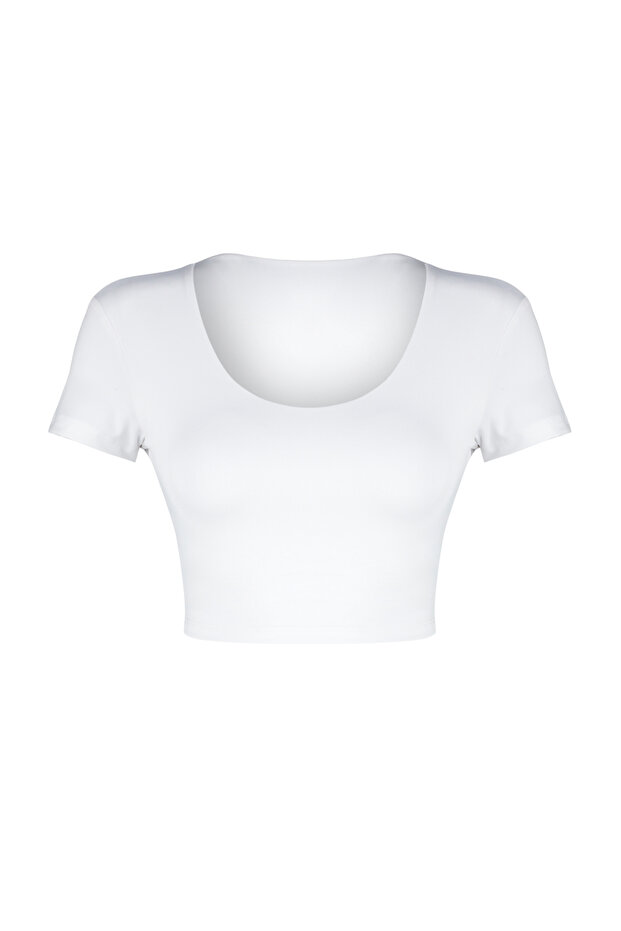 Beyaz 2 Katlı İçi Pedli Spor Sütyenli Crop Örme Spor Üst/Bluz THMSS24BZ00003 - 8