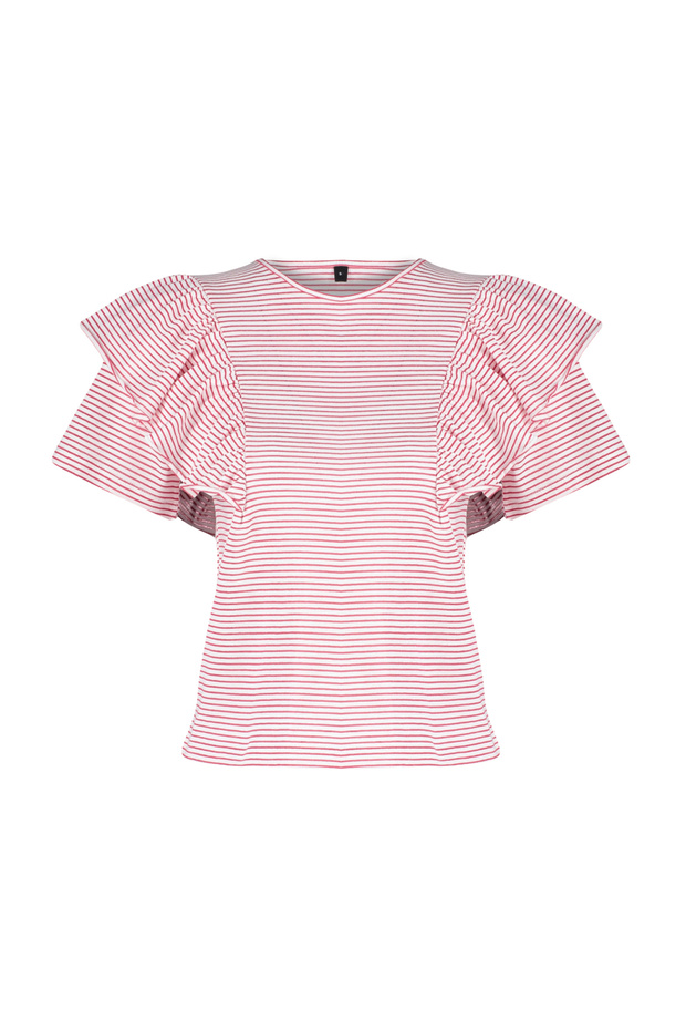 Fuşya Ekru Çizgili Kalın Pamuklu Fırfır Detaylı Regular/Normal Kalıp Örme T-Shirt TWOSS24TS00061 - 7