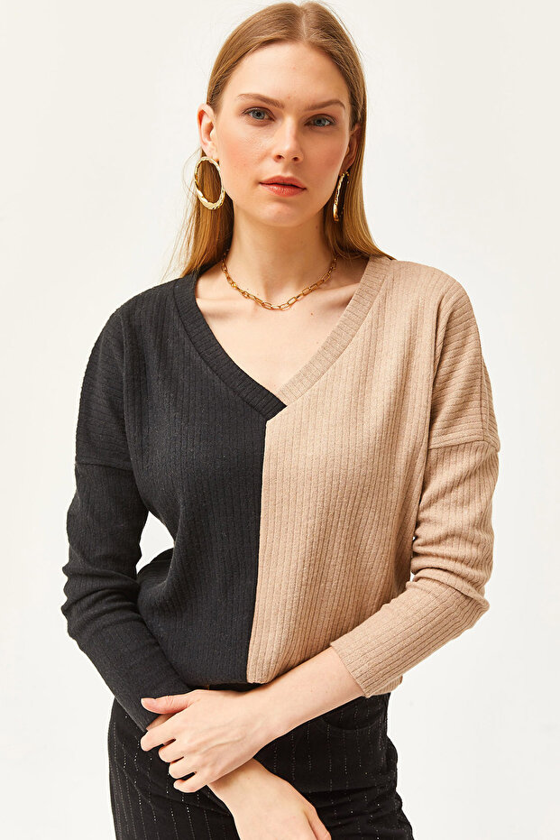 Women's Black Camel Blocked Shirted Loose Blouse BLZ-19002519