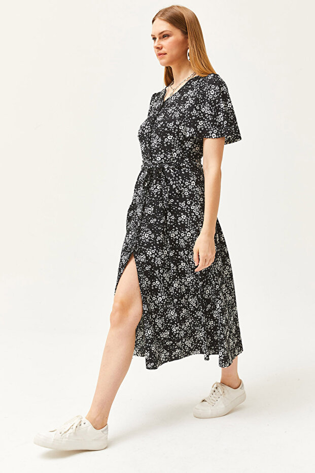Women's Daisy Black V-Neck Belted Buttoned Knitted Dress ELB-19002048