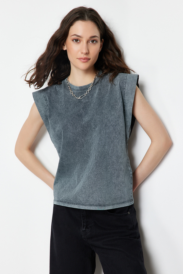 Antrasit*001 Soluk Efektli %100 Pamuk Vatka Görünümlü Basic Bisiklet Yaka Örme T-Shirt TWOSS20TS0021 - 3