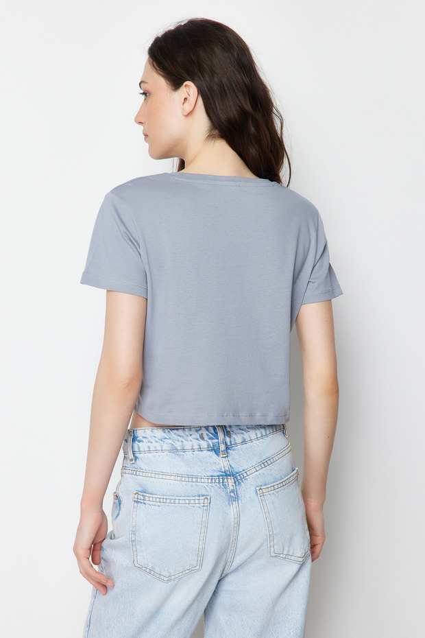 Beyaz-Gri 2'li Paket %100 Pamuk Crop Bisiklet Yaka Örme T-Shirt TWOSS20TS1480 - 5