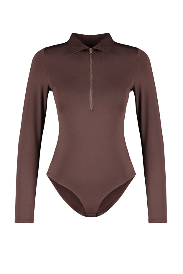 Brown Zipper Collar Detailed Flexible Knitted Body with Snaps from the Bottom TWOAW24BD00005 - 7