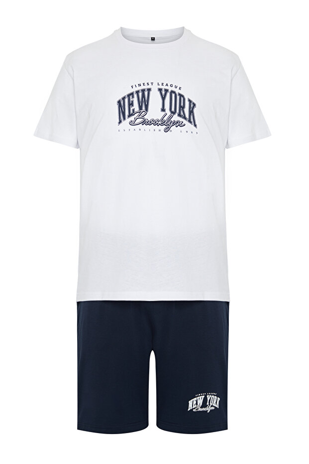 Lacivert-Beyaz Baskılı %100 Pamuk Regular Fit Örme Şortlu Pijama Takımı TMNSS24PT00012 - 8