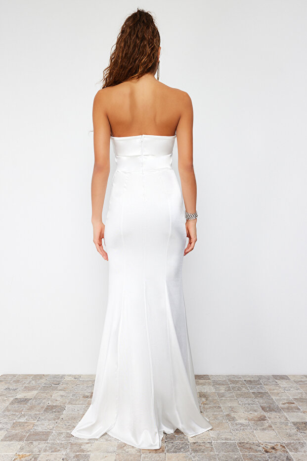 Bridal Beyaz Balık Örme Uzun Düğün/Nikah Gece Abiye Elbise TPRSS24AE00024 - 9