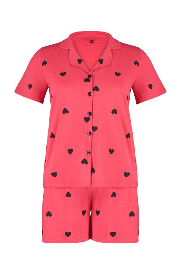 Kırmızı Kalp Desenli Şortlu Gömlek Yaka Örme Pijama Takımı TBBSS24AI00026 - 7