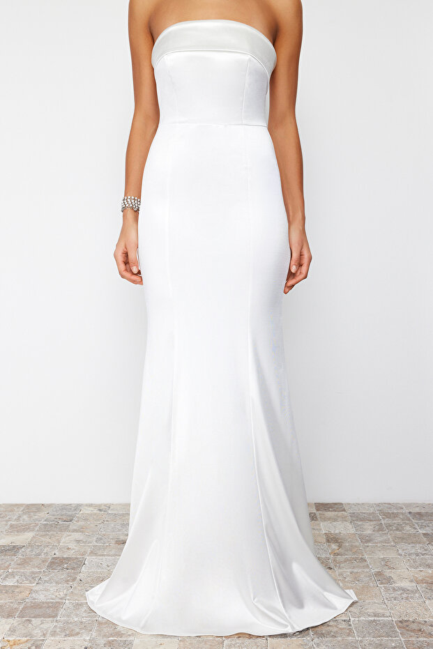 Bridal Beyaz Balık Örme Uzun Düğün/Nikah Gece Abiye Elbise TPRSS24AE00024 - 7