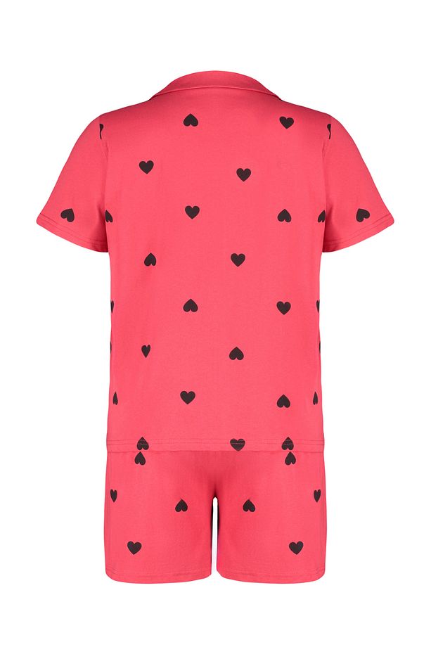 Kırmızı Kalp Desenli Şortlu Gömlek Yaka Örme Pijama Takımı TBBSS24AI00026 - 8