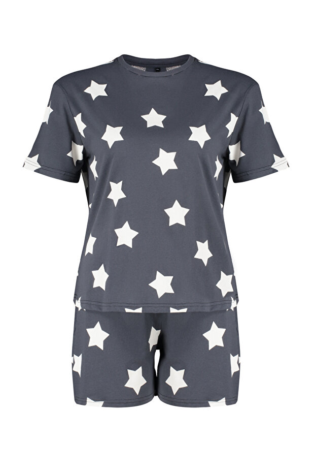 Antrasit Yıldız Desenli Şortlu Örme Pijama Takımı TBBSS24AI00027 - 7