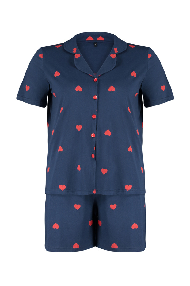 Lacivert Kalp Desenli Şortlu Gömlek Yaka Örme Pijama Takımı TBBSS24AI00026 - 7