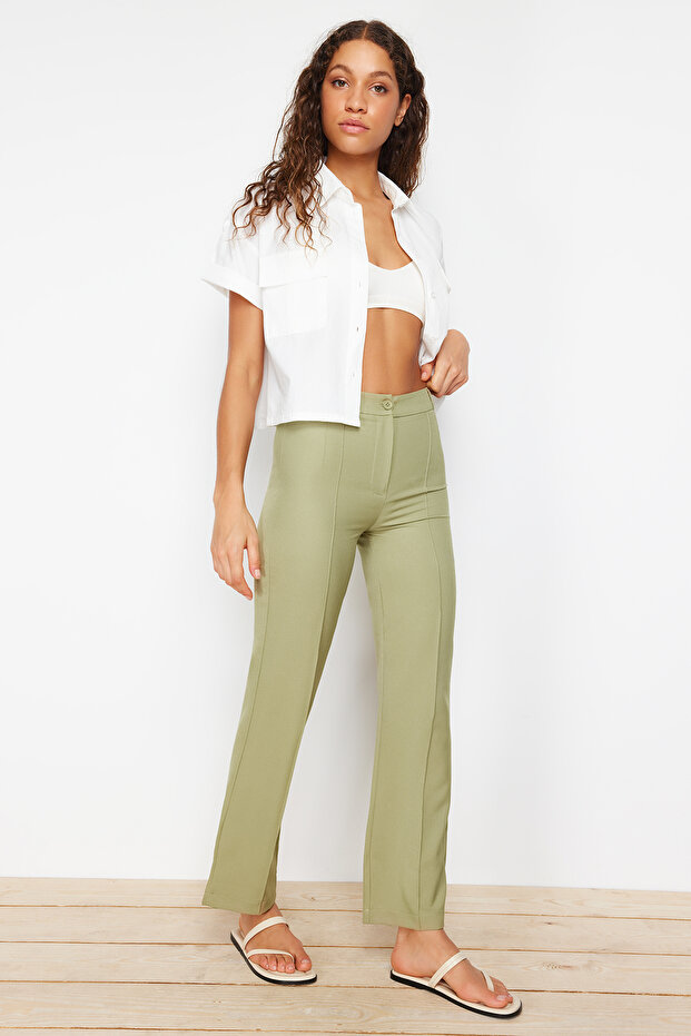 Yeşil Straight/Düz Kesim Yüksek Bel Nervür Dikişli Dokuma Pantolon TWOSS21PL0093 - 4