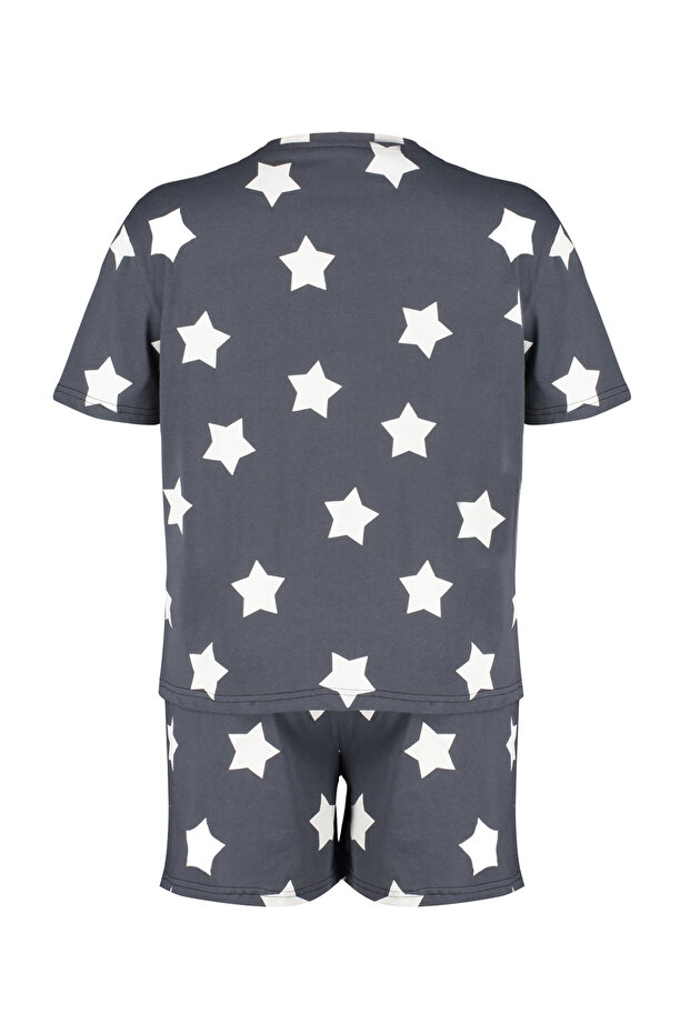 Antrasit Yıldız Desenli Şortlu Örme Pijama Takımı TBBSS24AI00027 - 8