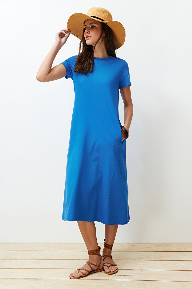 Saks Cepli Bisiklet Yaka A-Line Örme Midi Elbise TWOSS24EL00169 - 4