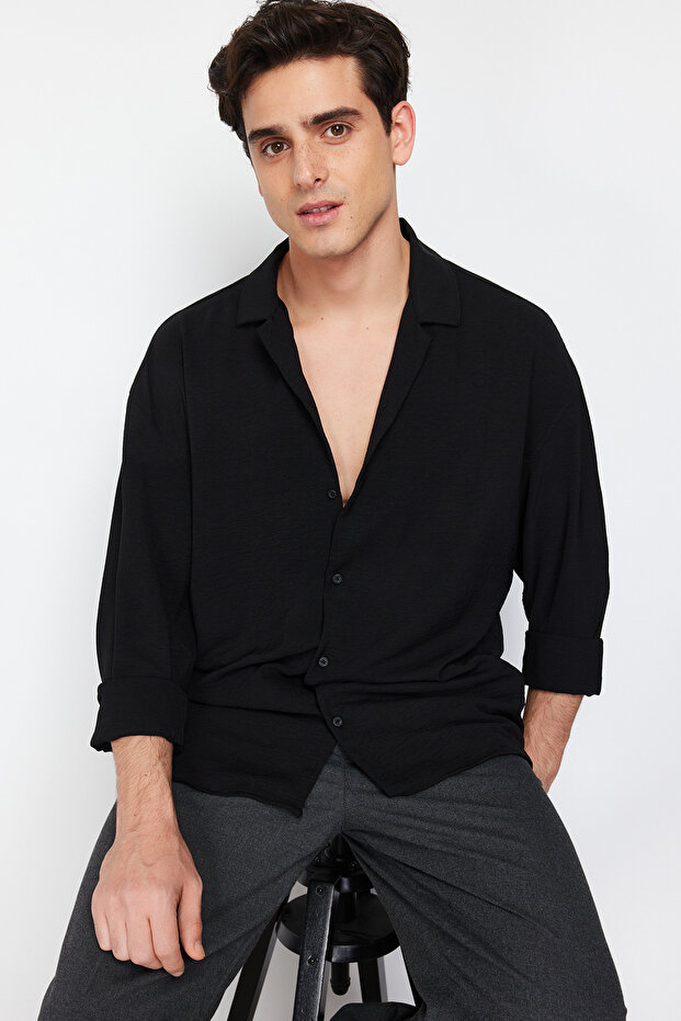 Siyah Oversize Fit Apaş Yaka Yazlık Keten Görünümlü Gömlek TMNSS23GO00053 - 8
