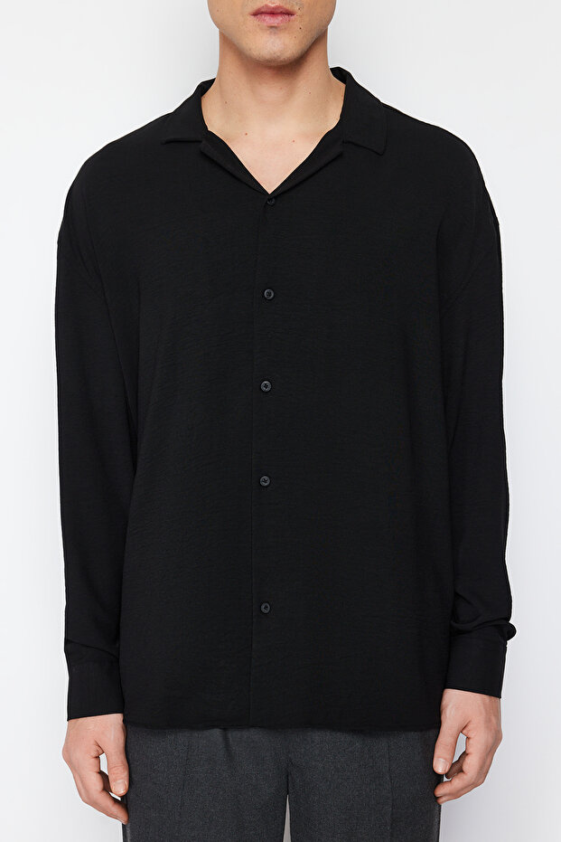 Siyah Oversize Fit Apaş Yaka Yazlık Keten Görünümlü Gömlek TMNSS23GO00053 - 6