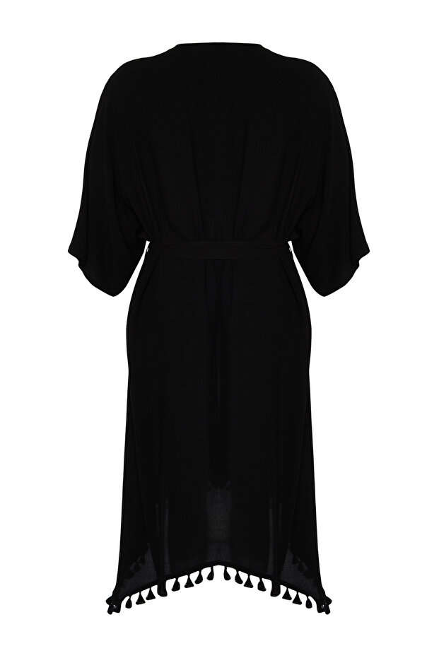 Siyah Etek Ucu Püsküllü Viskon Plaj Giyim Dokuma Büyük Beden Kimono&Kaftan TBBSS24DE00002 - 8