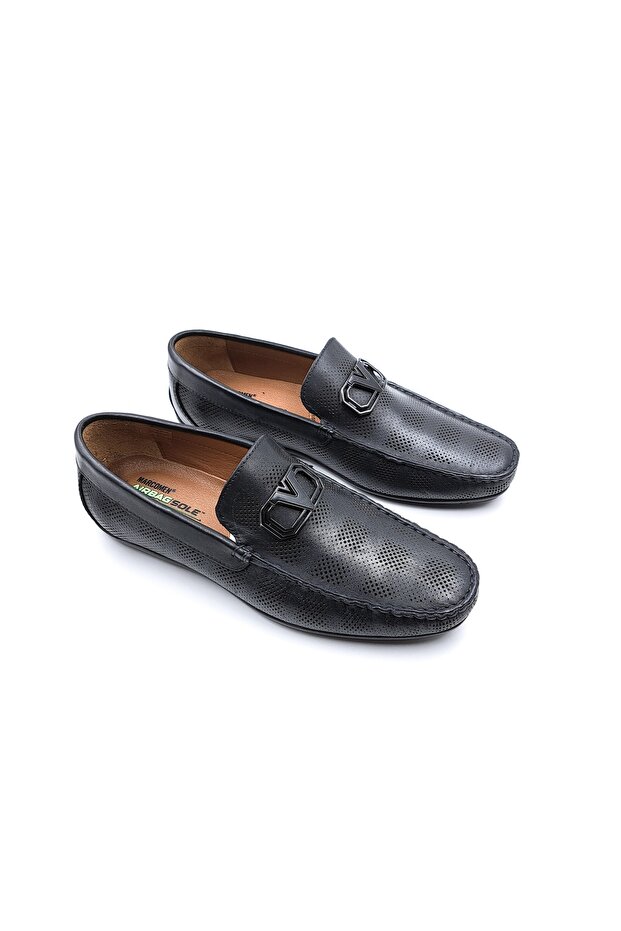 Genuine Leather Men's Laceless Black Buckle Loafer Shoes