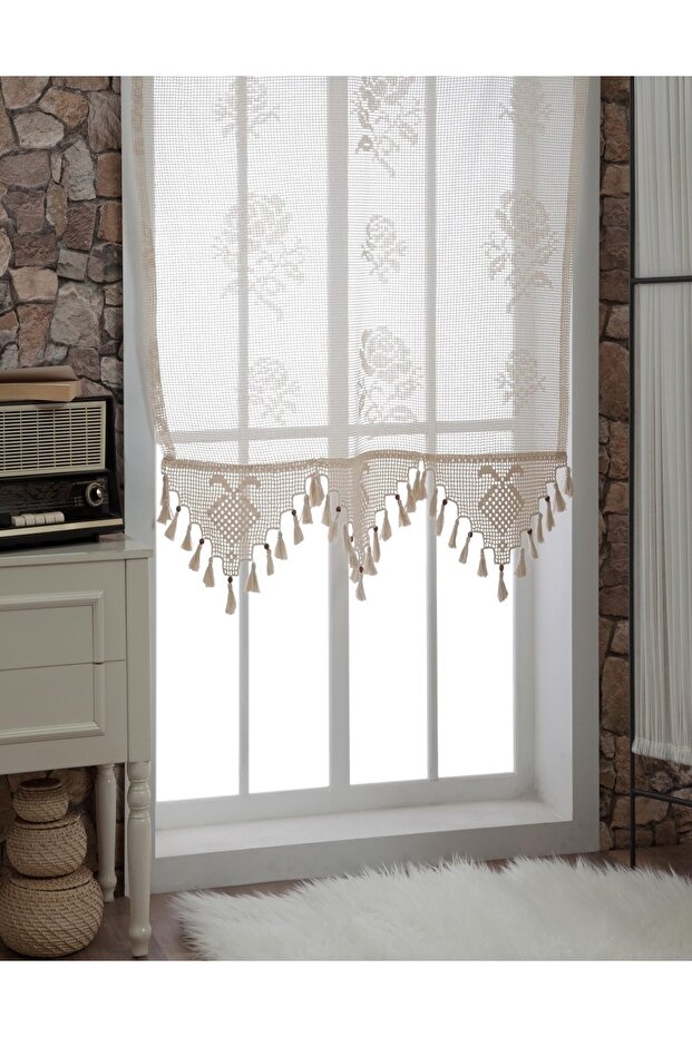 Buldan Tulle Curtain Handcrafted Lacy Natural Rose Flower Pattern (150X200)