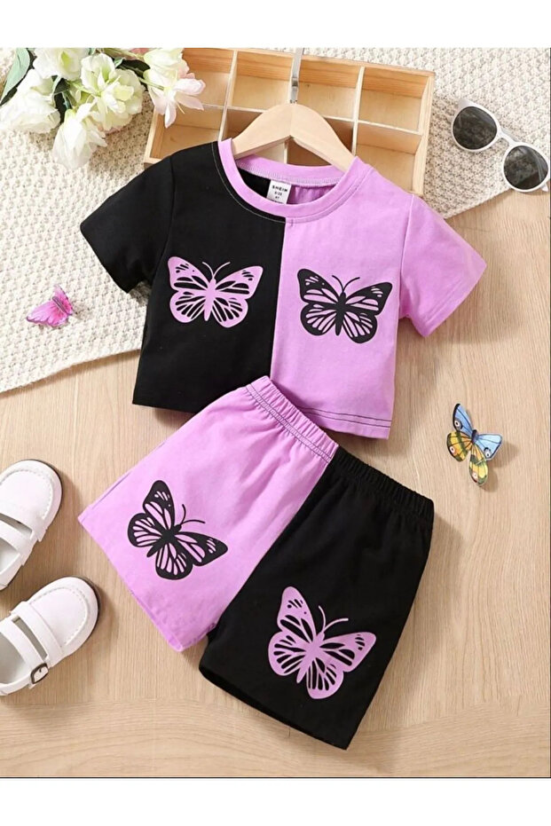 Children's Butterfly Printed Bottom-Top Set Cotton Shorts T-Shirt Set