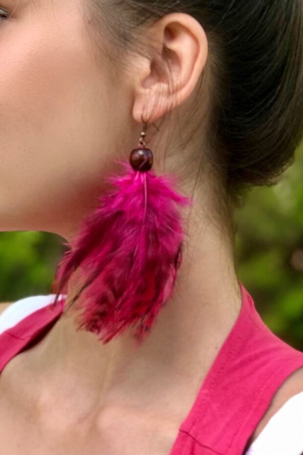 El Yapımı Tüylü Tekli Boho Style Bohem Tasarım Küpe - 2