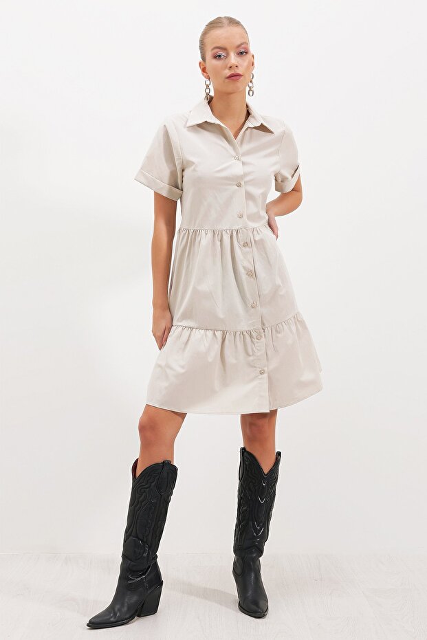 Kısa Kollu Oversize Düğmeli ELBİSE - 3