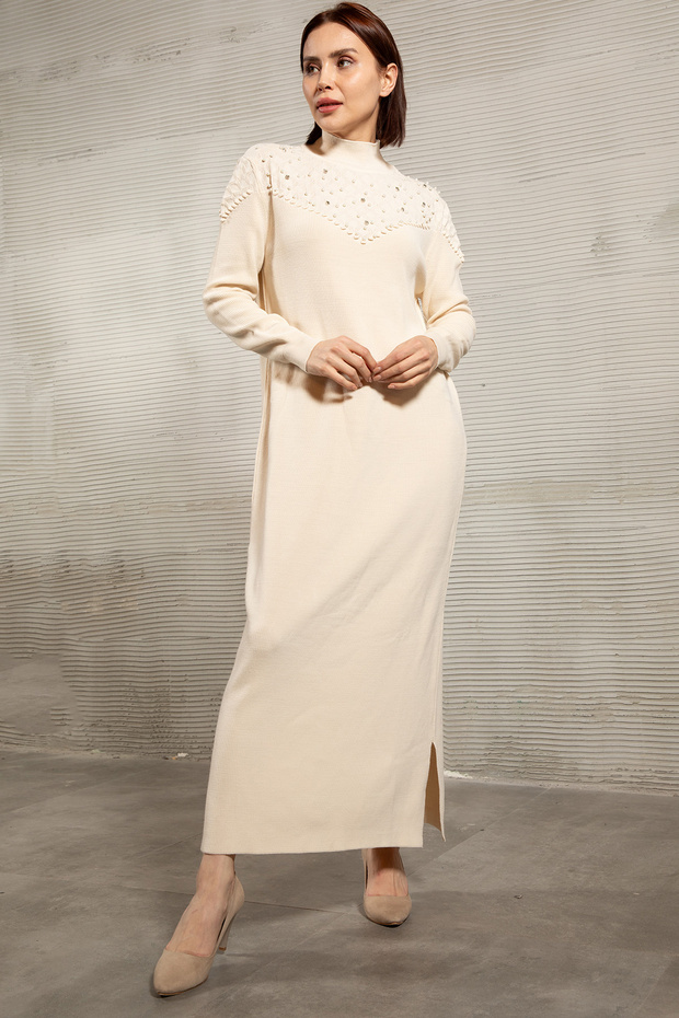 Women's Half Turtleneck Pearl and Stone Detailed Long Knitwear Dress