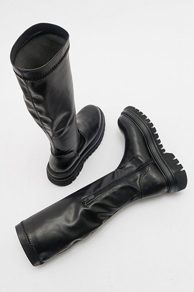 HENIN fekete térd alatti sztreccs női lapos csizma - 3