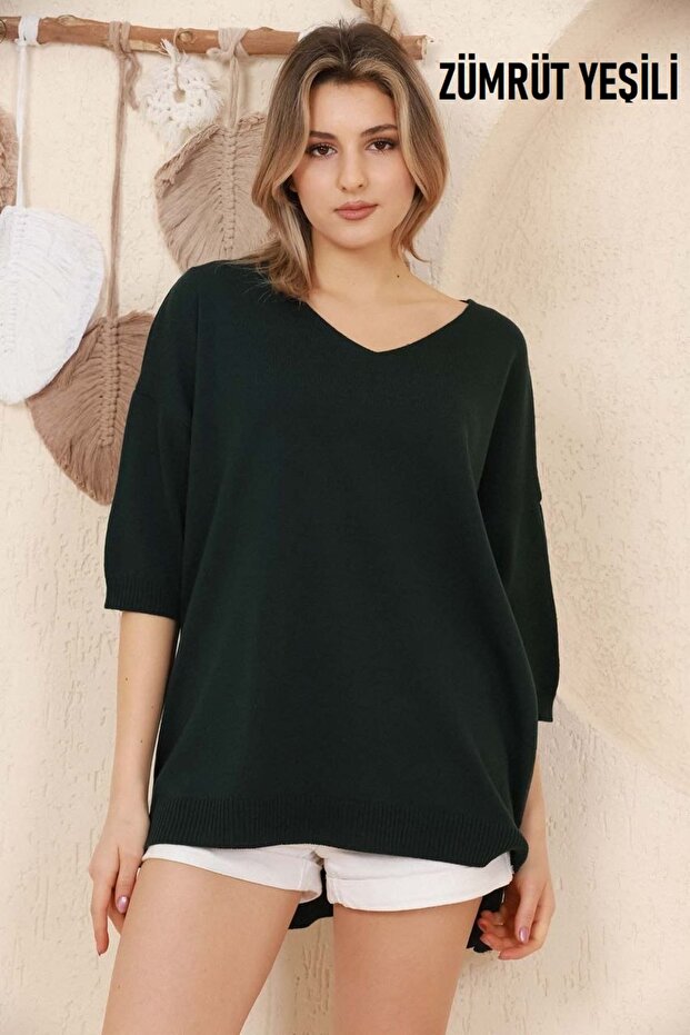 V-Neck Half-Quarter Sleeve Back Long Front Short Slit Loose Cut Seasonal Basic Loose Knitwear Sweater