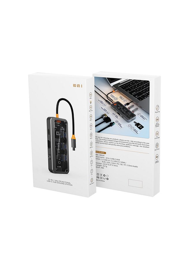 10in1 Type-c To USB3.0/2.0* +PD+3.5mm+HDMI+VGA+SD+TF+ Ethernet Çoğalt Transparan Hub - 7