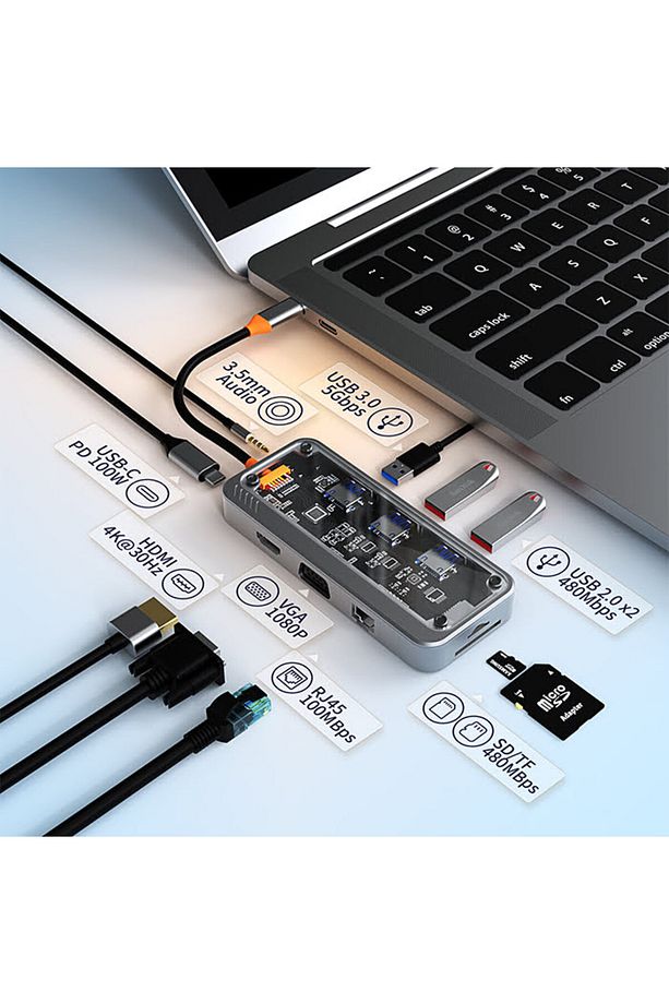 10in1 Type-c To USB3.0/2.0* +PD+3.5mm+HDMI+VGA+SD+TF+ Ethernet Çoğalt Transparan Hub - 4