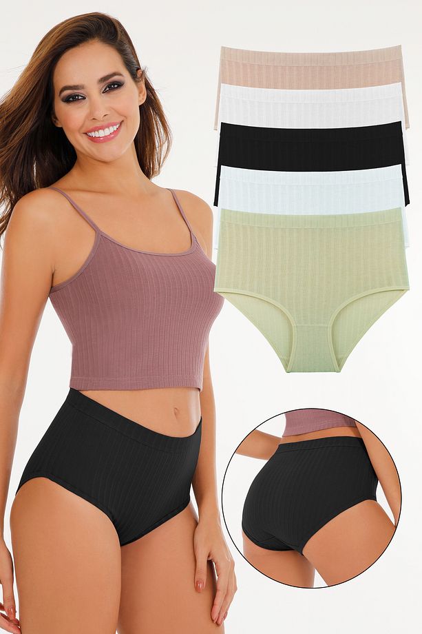 Kadın Fitilli Model Pamuklu Soft Renkler Yüksek Bel 5'li Külot - 1