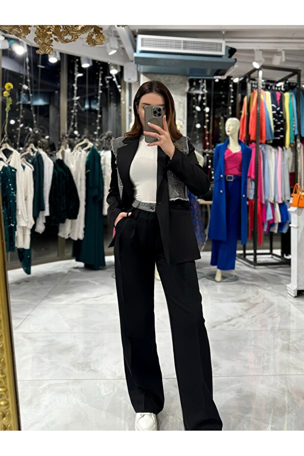 Tori Jeans Detailed Fabric Trousers-Black