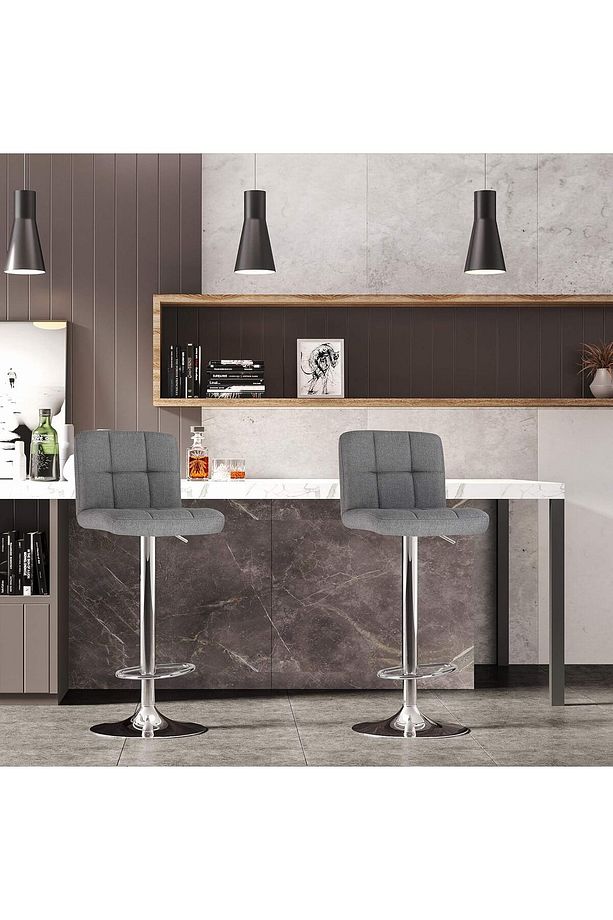 2'li Set Ayarlanabilir Yükseklikte Keten Kaplı 360° Bar Taburesi Seti Sırt Desteği ve Ayak Dayanağı - 2