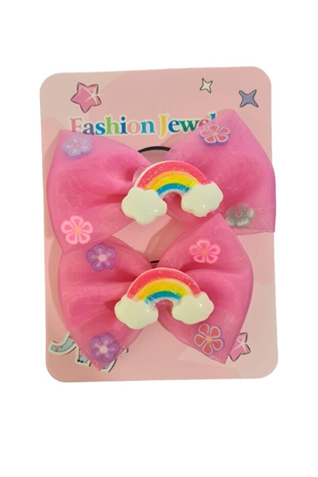 New Season High Quality Rainbow Themed Floral Bow Pattern 2Pcs Tulle Rubber Buckle Set