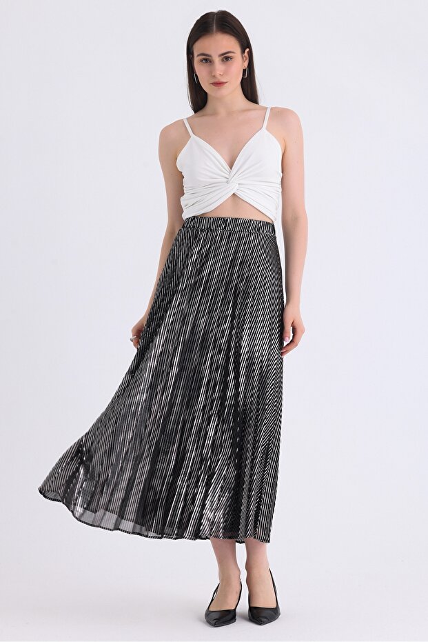 Women's Silver Leaf Striped Elastic Waist Pleated Long Chiffon Skirt