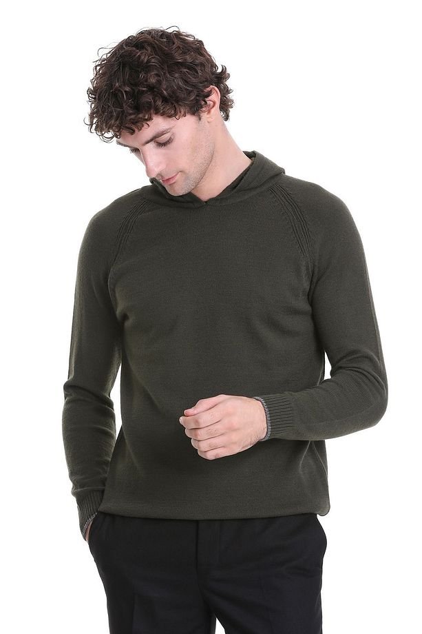 Haki Regular Fit Jakarlı Kapüşonlu Triko Kazak - 4