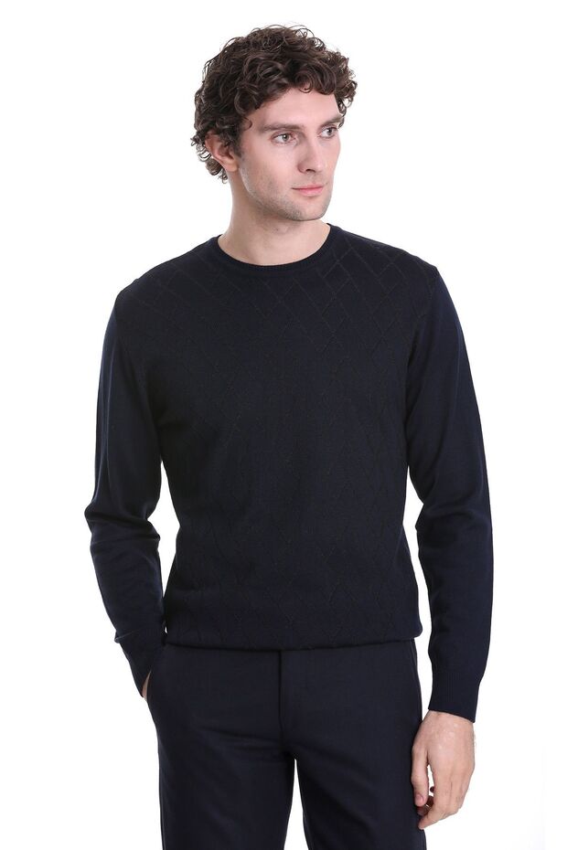 Lacivert Regular Fit Jakarlı Bisiklet Yaka Yünlü Triko Kazak - 1