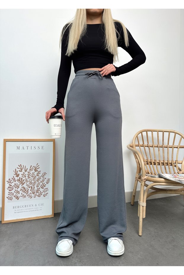 Women's Anthracite Knitted Fabric Wide Leg Trousers with Elastic Waist