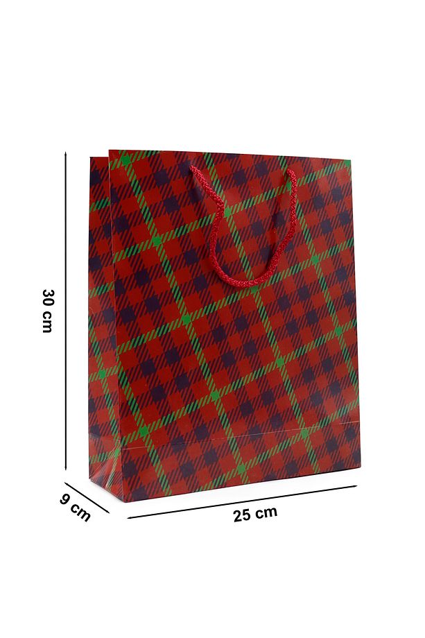 Ekose Desenli Kırmızı Renk Karton Çanta 25 X 30 X 9 cm Karton Poşet 2 Adet, Hediye Poşeti - 3