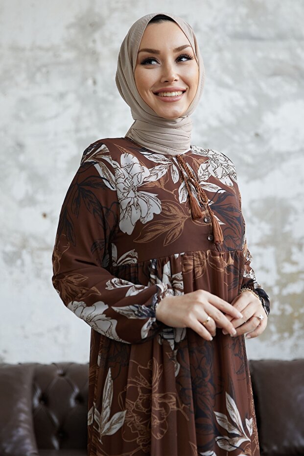 Šaty Jalya Buttoned Collar Stringed Šifon - hnědé - 2