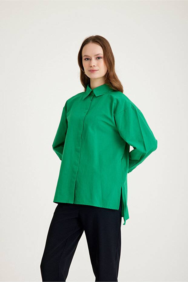 Basic Poplin Yeşil Gömlek - 3