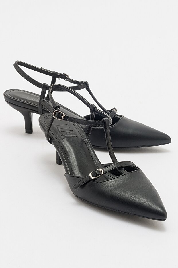FRANS Black Skin Women's Pointed Toe Open Back Short Heeled Shoes