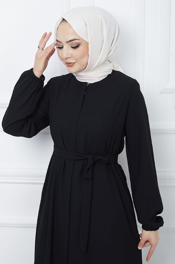 Kemerli Petek Kumaş Ferace - Siyah - 4