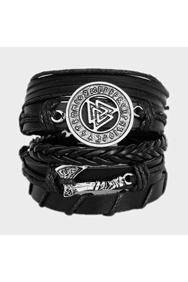 Viking Norse Valknut Thor Axe 5-Piece Genuine Leather Bracelet