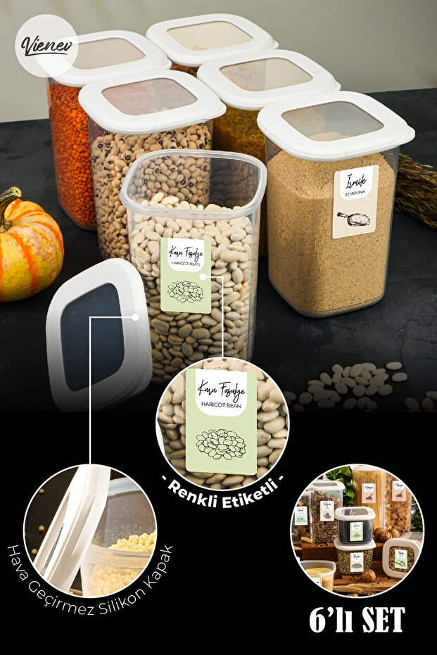 Square Food Storage Container with Colorful Labels Set of 6 1.2 Liters White